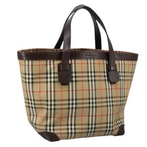 Burberry Nova Check Hand Bag Canvas Leather Beige Brown Silver